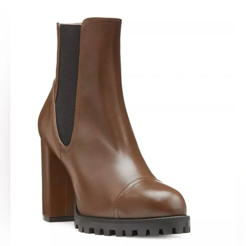 Stuart Weitzman Wenda Lug-Sole Leather Chelsea Boots, Size 6.5, Espresso - Picture 2 of 8